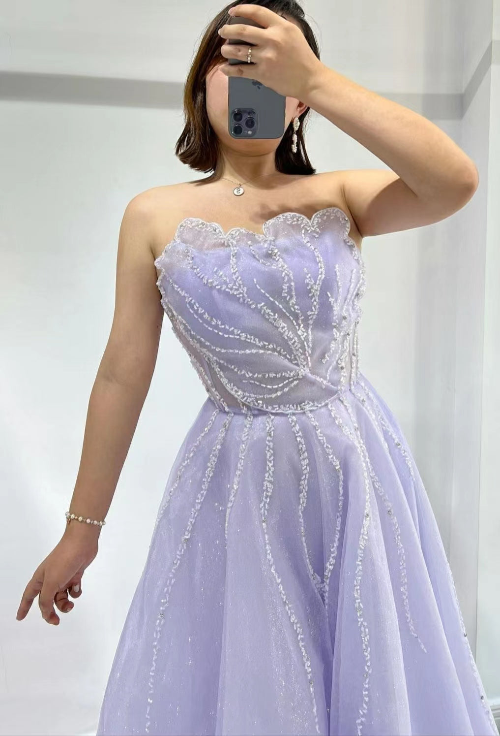 Lilac Strapless Sleeveless A-Line Tulle Prom Dress With Sequins Beads ED0384