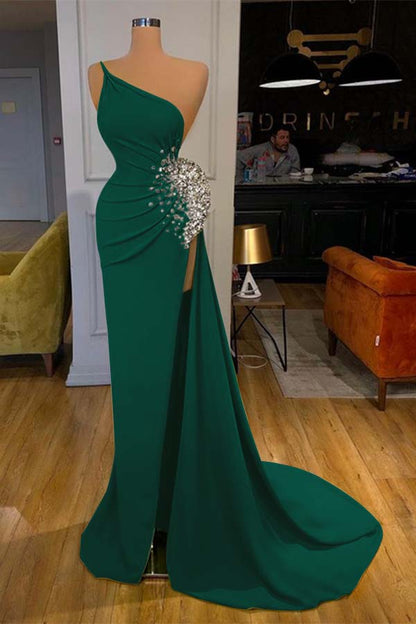 Green One-Shoulder Sleeveless Beadings Mermaid Prom Dress Split ED0025