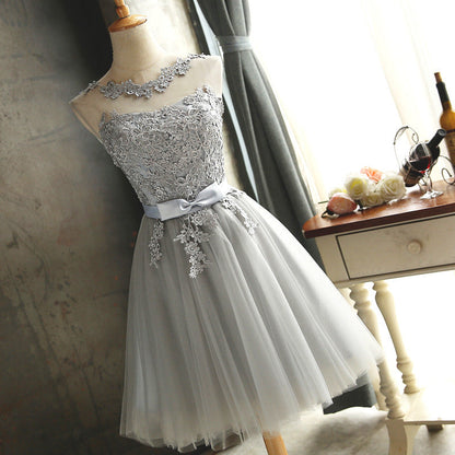 Gray lace short A line prom dress homecoming dress  8411