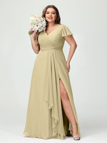 A-Line/Princess V-Neck Short Sleeves Chiffon Ruffles Split Side Plus Size Bridesmaid Dresses with Pockets