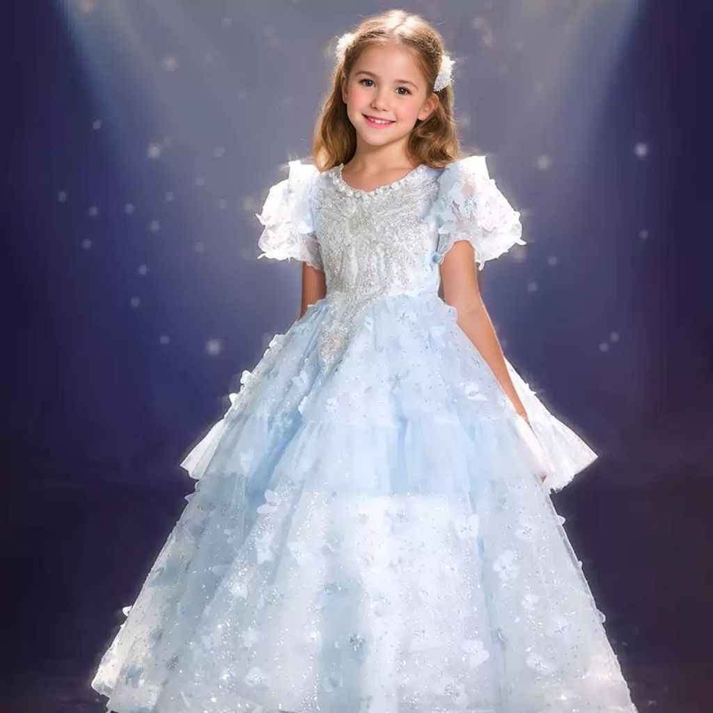 Beading Round Neck Short Sleeves Princess Girl Party Dress with Rhinestone Appliques