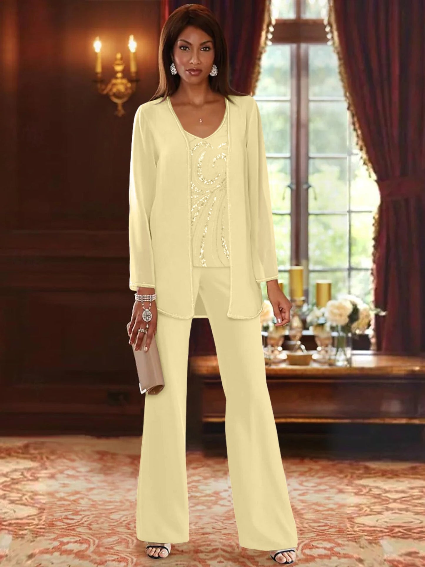 Chiffon V-Neck Floor-Length 3 Pieces Mother of the Bride Pantsuits with Jacket & Sequins