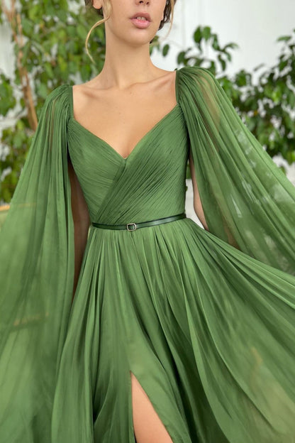 edgynewlook Elegant Green Long Puffy Sleeves Formal Prom Dress Sweetheart Tulle With Split