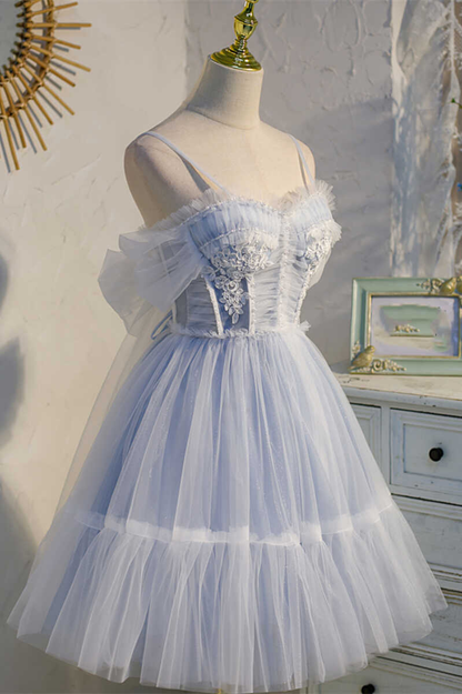 Dreamy Sky Blue Spaghetti Straps Bow-Back Short Party Dress gh1386