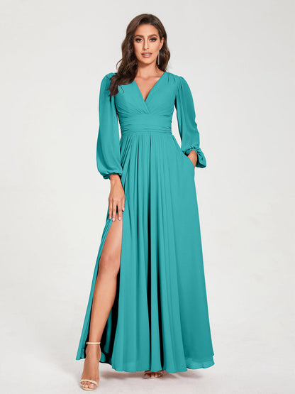 A-Line/Princess V-Neck Long Sleeves Floor-Length Bridesmaid Dresses with Pockets & Split Side