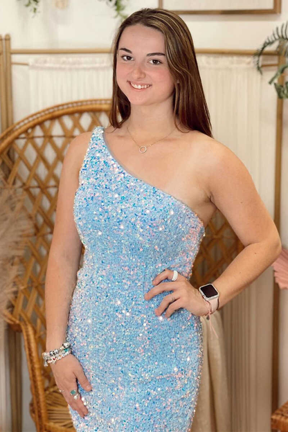 One-Shoulder Blue Iridescent Sequin Backless Mini Homecoming Dress gh1348