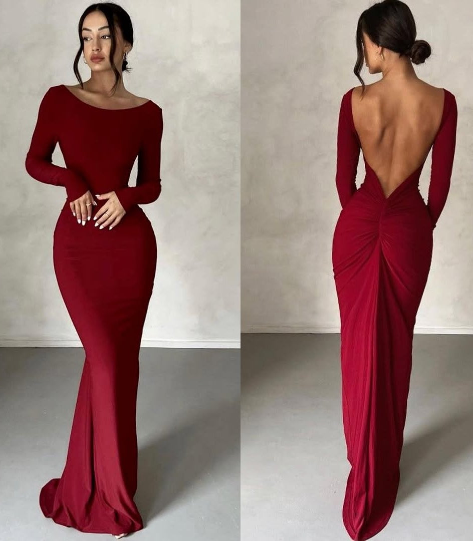 edgynewlook Red Long Prom Dress Mermaid  Long Sleeves Backless