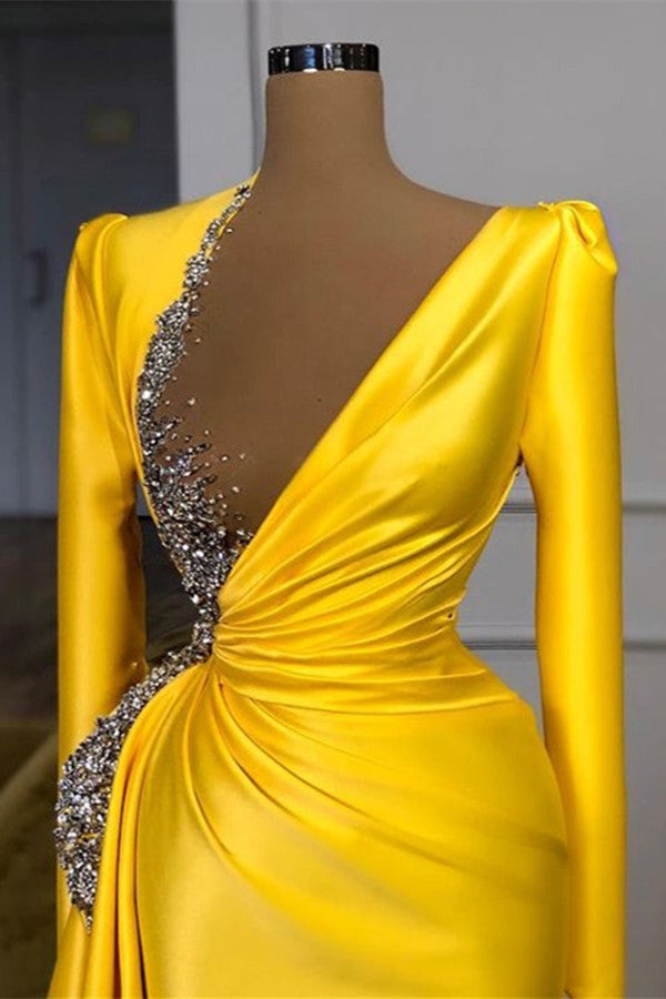 Long Sleeves Yellow Prom Dress With Beads Sequins PD0561