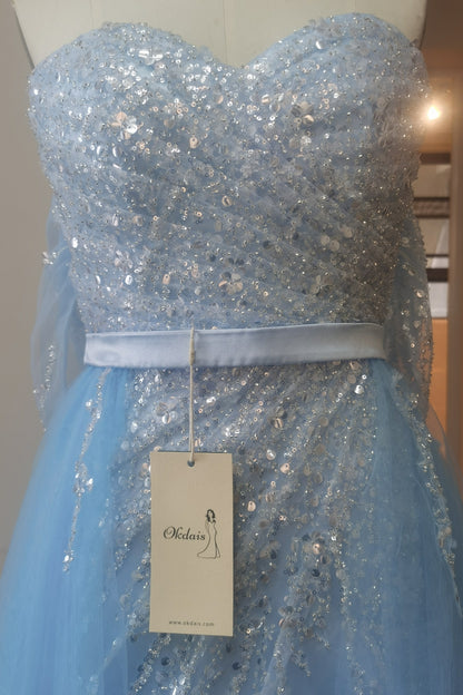 Off-the-Shoulder Sky Blue Prom Dress Sequins With Slit PD0576