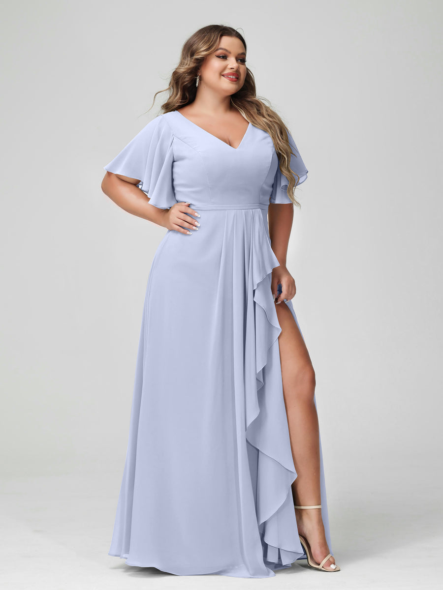 A-Line/Princess V-Neck Half Sleeves Chiffon Plus Size Bridesmaid Dresses with Split Side & Ruffles