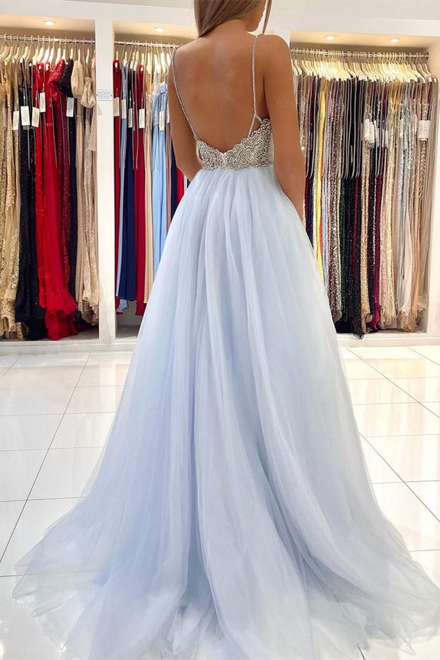 Light Sky Blue Spaghetti-Straps Tulle Long Prom Dress With Beads  PD0678