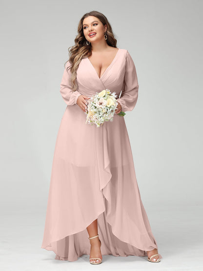 A-Line/Princess V-Neck Long Sleeves Asymmetrical Plus Size Bridesmaid Dresses with Pockets