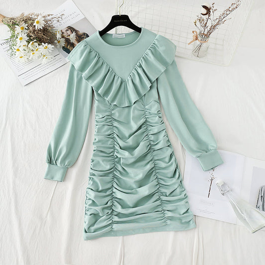 Round neck Ruffle fashion French Vintage Dress  4820