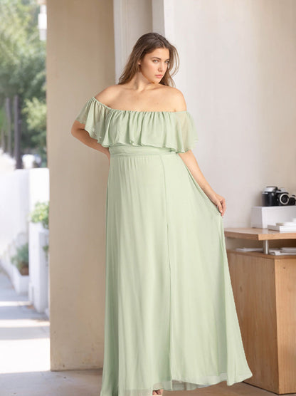 A-Line/Princess Off-the-Shoulder Floor-Length Plus Size Chiffon Bridesmaid Dresses with Ruffles