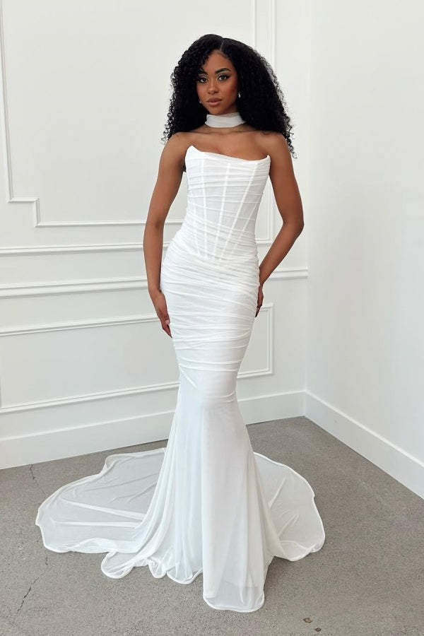 White Elegant Strapless Summer Mermaid Long Prom Dress ZT0595