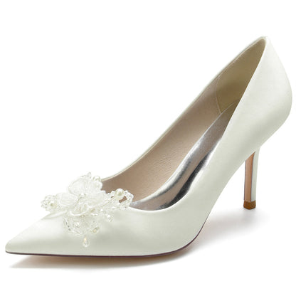 Women's Wedding Pointed Toe Elegant Stiletto Heel Bridal Shoes with Pearls & Flower