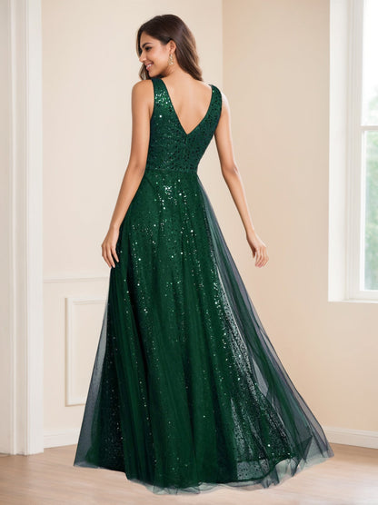 A-Line/Princess V-Neck Sleeveless High Waist Floor-length Evening Dresses