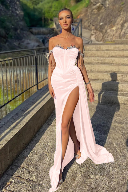 Velvet Off-the-Shoulder Beads Split Mermaid Prom Dress With Ruffles  ED0062