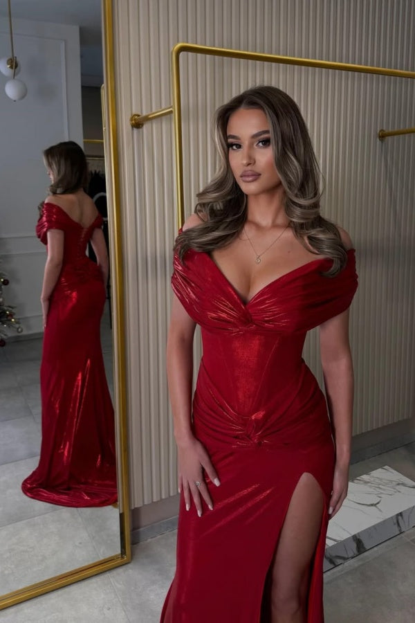 Charming Sexy Red Split Off-The-Shoulder Summer Prom Dress ZT0577