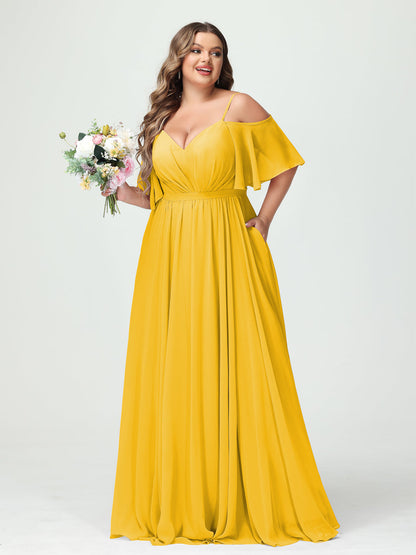 A-Line/Princess/Princess Spaghetti Straps Half Sleeves Chiffon Plus Size Bridesmaid Dresses with Pockets