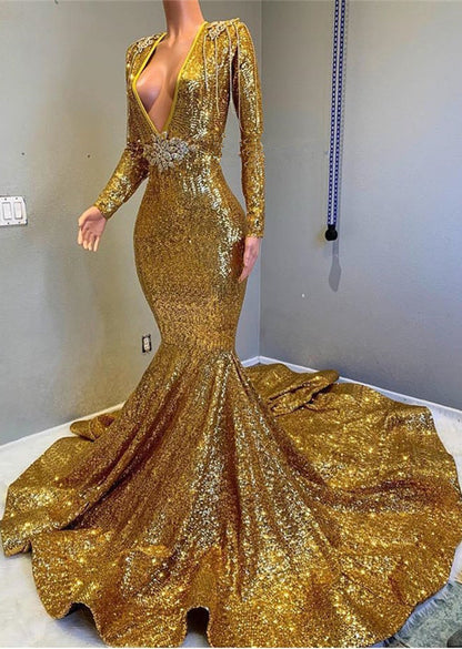 edgynewlook Long Sleeves V-Neck Gold Mermaid Prom Dress With Applique