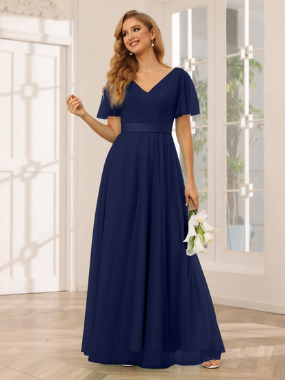 A-Line/Princess V-Neck Short Sleeves Floor-Length Long Bridesmaid Dresses with Lace