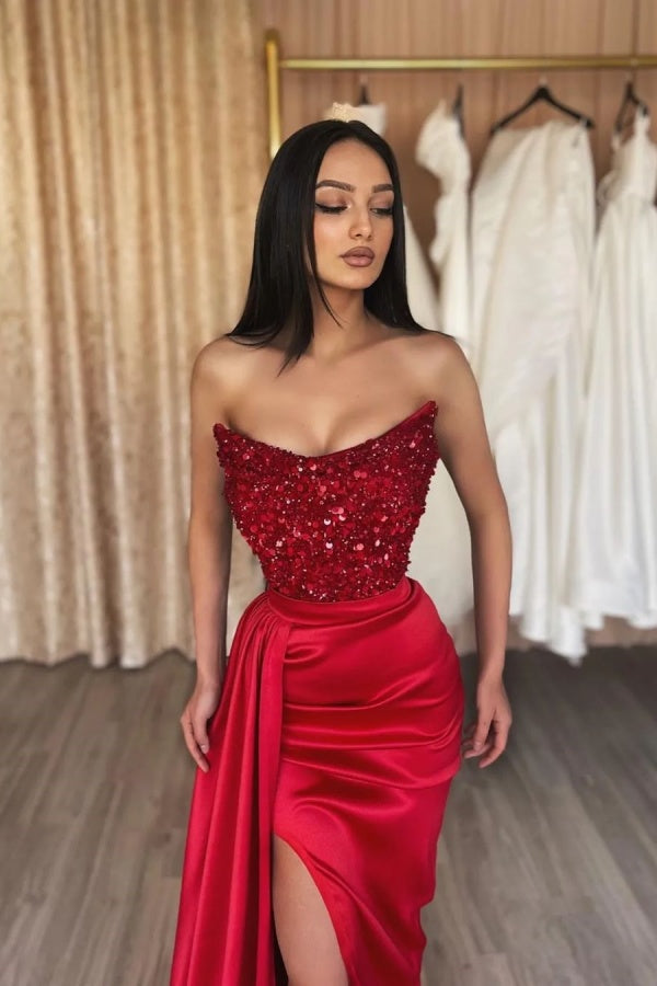 edgynewlook Red Strapless Sleeveless Prom Dress Split with Sequins