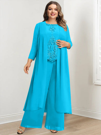 Chiffon Round Neck Floor-Length Plus Size Mother Of The Bride Pantsuits With Jacket & Applique