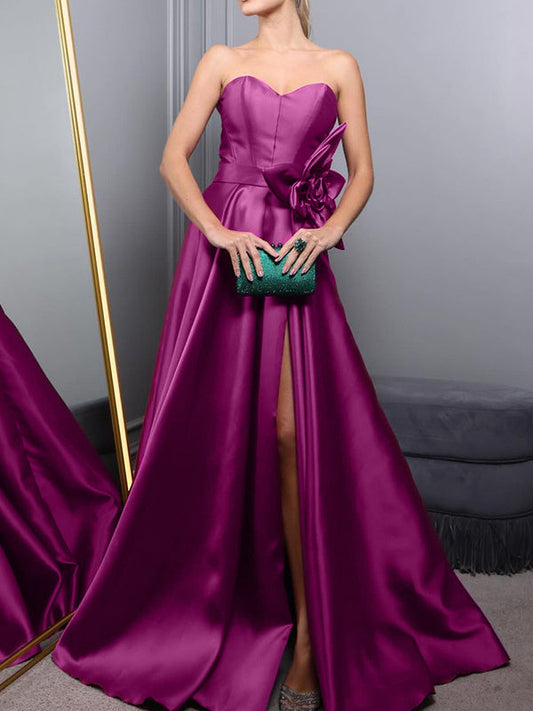 A-Line/Princess Sweetheart Sleeveless Sweep Train Flower High Split Satin Evening Dresses