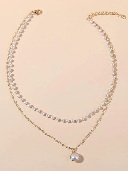 Imitation Pearl Chrome Necklace for Wedding Valentine's Day Daily Double Layered Necklace Wedding Jewelry