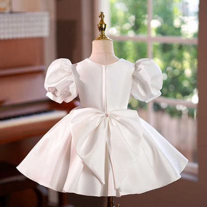 A-Line/Princess Short Sleeves Knee-Length Baby Beaded Flower Girl Dress with Bow