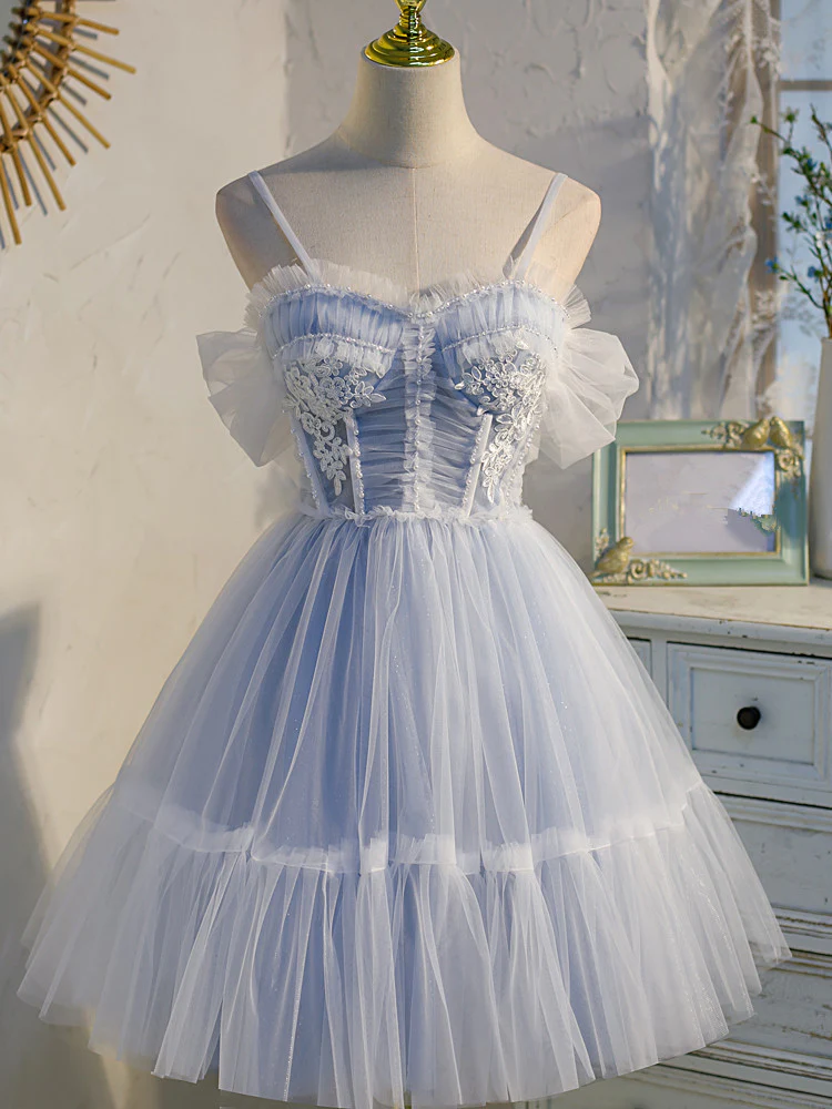 Adorable Light Blue Tulle Sweetheart Straps Party Dress With Lace, Short Tulle Prom Dresses gh53