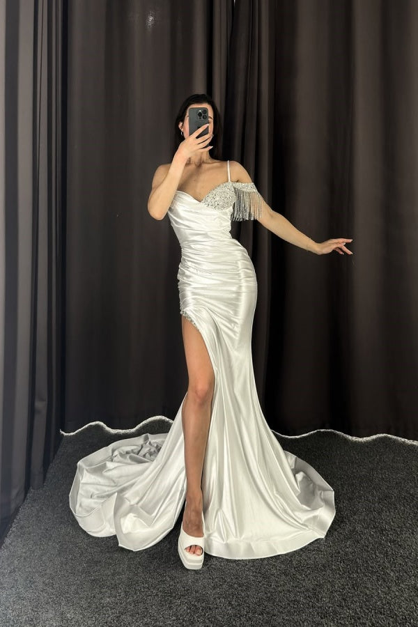 White Spaghetti-Straps Split Mermaid Long Beaded Prom Dress ZT0289