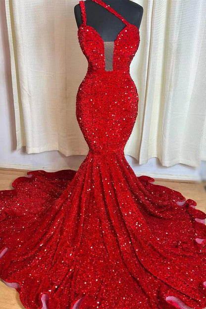 Red Sequins Mermaid Sleeveless Prom Dress Sweetheart Elegant ED0191