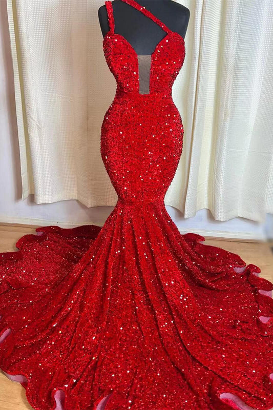 Red Sequins Mermaid Sleeveless Prom Dress Sweetheart Elegant ED0191