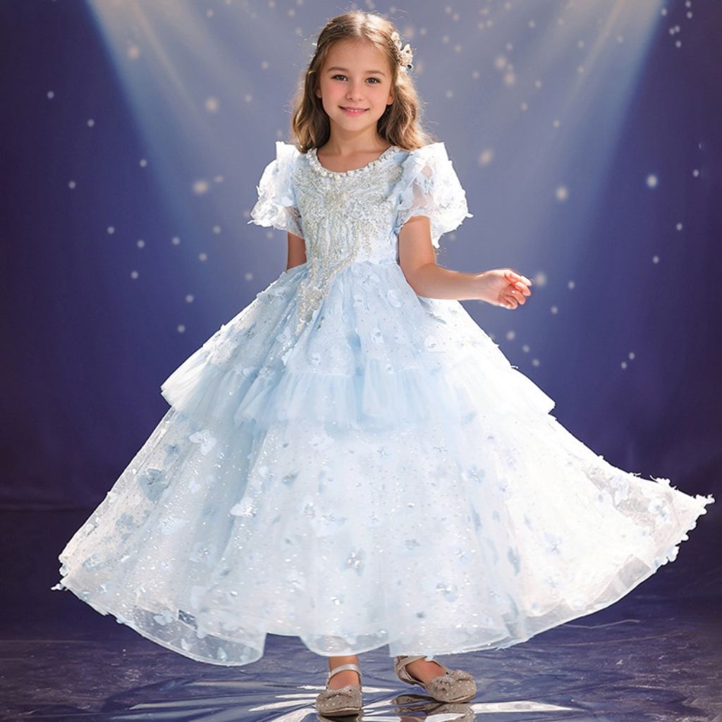 Beading Round Neck Short Sleeves Princess Girl Party Dress with Rhinestone Appliques