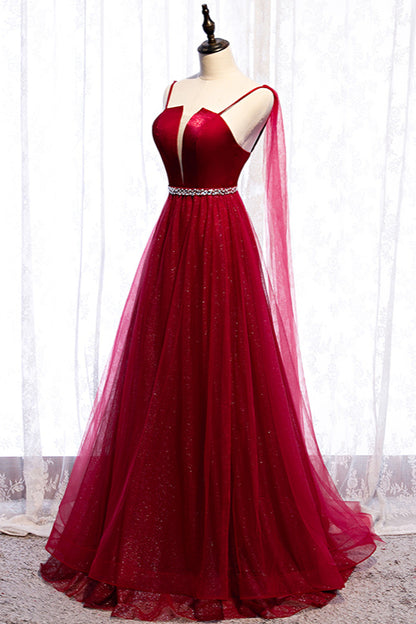 Edgynewlook Burgundy Spagetti-Strap Sleeveless Prom Dress Tulle Ruffles with Beadings