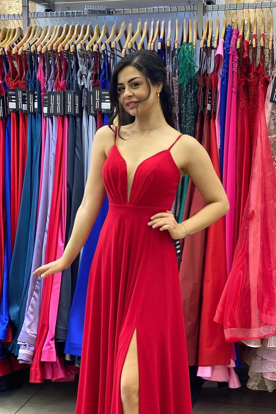 Spaghetti-Straps Red Prom Dress Long With Slit PD0478