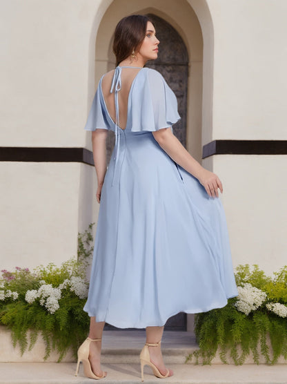 A-Line/Princess V-Neck Short Sleeves Tea-Length Plus Size Bridesmaid Dresses with Ruffles