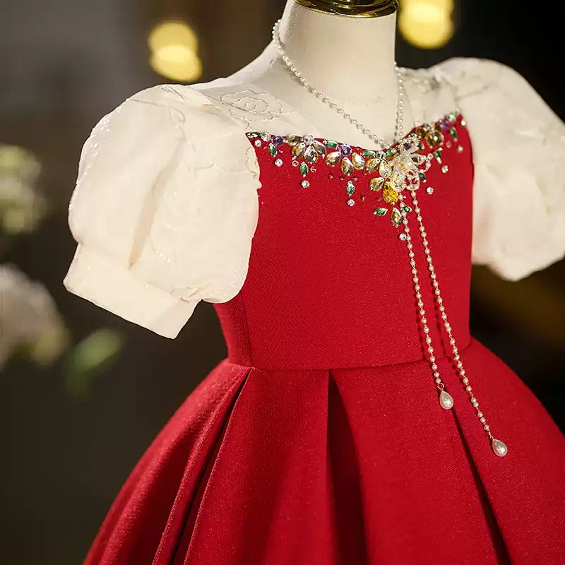 Short Sleeves Tea-Length Red Girl Party Dresses with Rhinestones