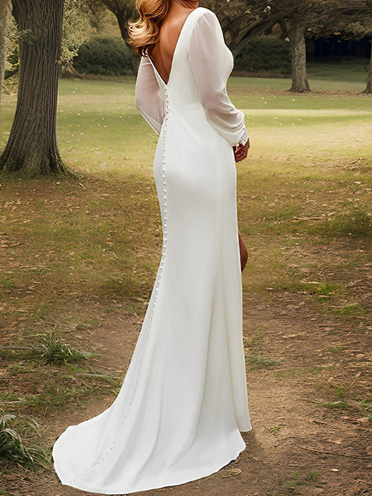 Sheath/Column V-Neck Chiffon Wedding Dress With Split