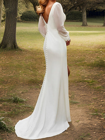 Sheath/Column V-Neck Chiffon Wedding Dress With Split