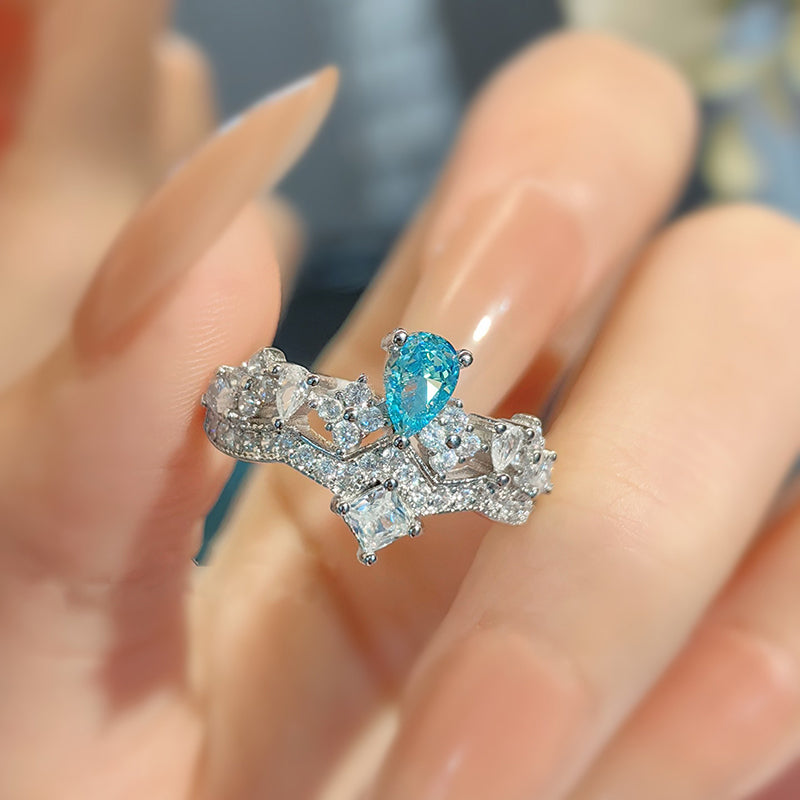 High-end Blue Rhinestone Crown Adjustable Ring