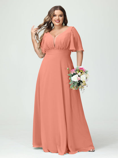 A-Line/Princess V-Neck Half Sleeves Chiffon Plus Size Bridesmaid Dresses with Pockets