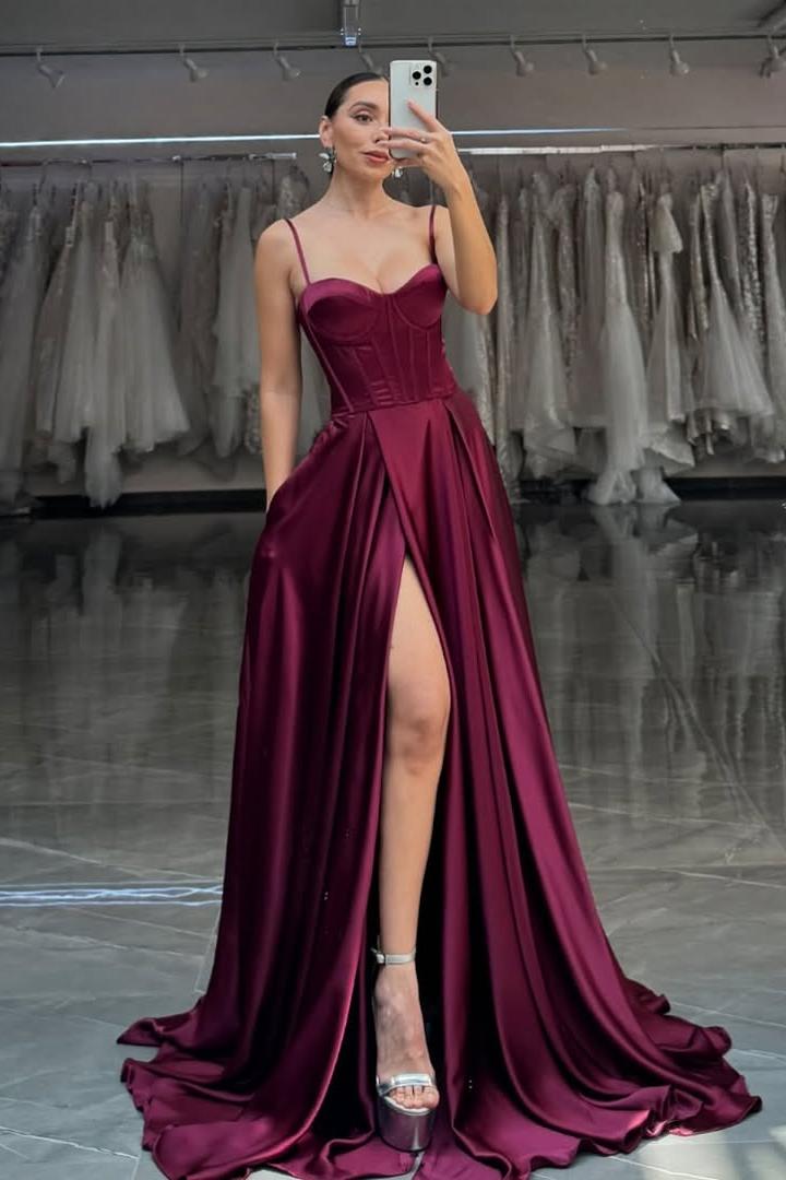 edgynewlook Chic Burgundy Satin Sleeveless Spaghtti Strap Sweetheart Prom Dress with Split