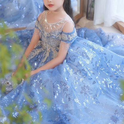 A-Line/Princess Off-the-Shoulder Flower Girl Party Dress with Rhinestone Appliques