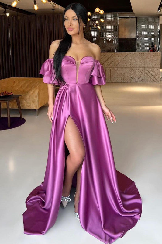 edgynewlook Chic Purple Satin Off the Shoulder Strapless Split Prom Dress with Ruffles