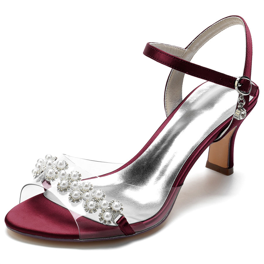 Women's Wedding Shoes Elegant Mid Heel Opened Toe Bridal Shoes with Pearls