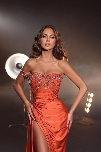 Orange One-Shoulder Beaded High Split Prom Dress ZT0270