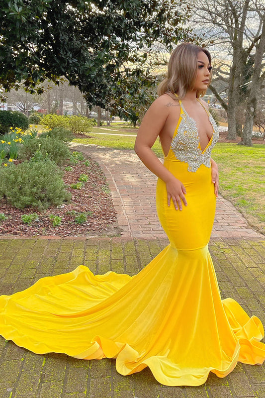 Yellow Halter V-Neck Mermaid Prom Dress With Applique PD0798